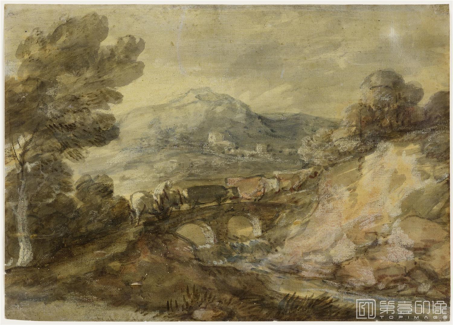 油画-美国弗里克美术馆藏画-Thomas Gainsborough - Landscape with Cattle Crossing a Bridge, 1785-189